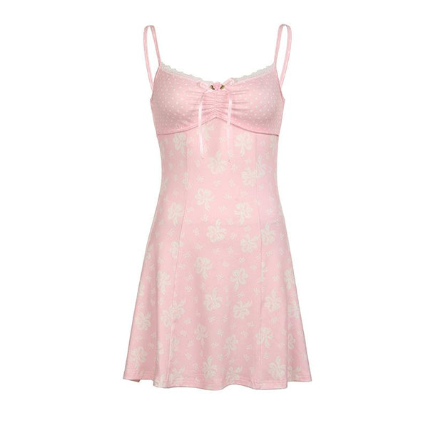 Polka dot print lace hem bowknot cami mini dress