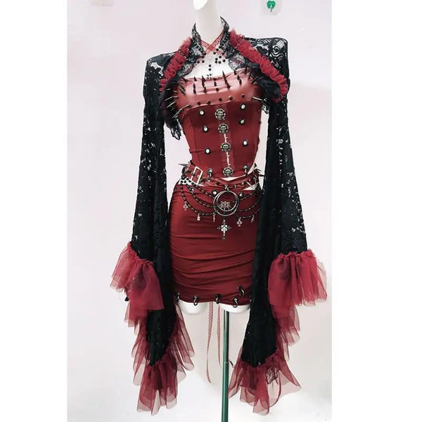 3 piece mini skirt set:Long flared sleeve PU leather rivet metal chain shrug 3 piece mini skirt set