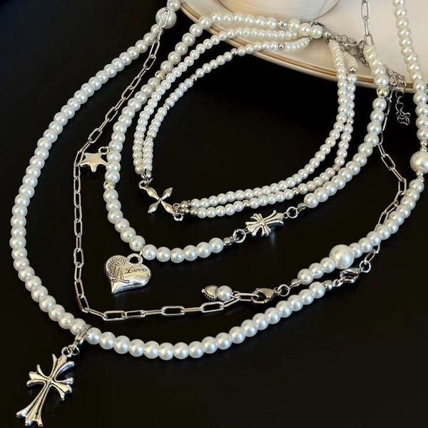 Cross heart star faux pearl 2 pcs necklace
