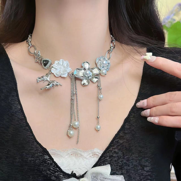 Tassels flower decor metal chain choker necklace