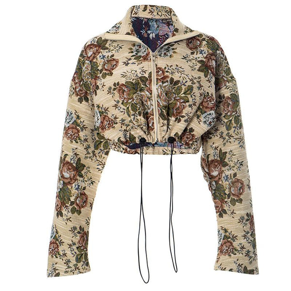 Zip-up long sleeve drawstring flower print top