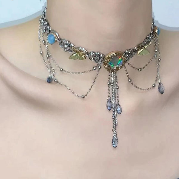 Butterfly pendant print choker necklace