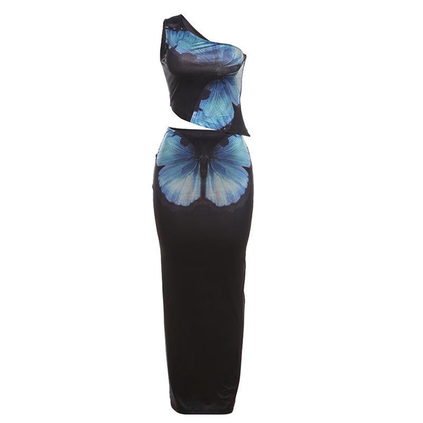 One shoulder butterfly print maxi skirt set