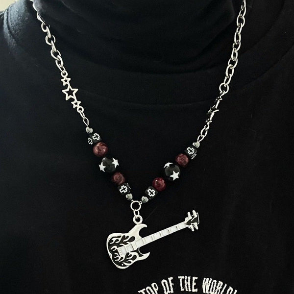 Guitar pendant metal chain beaded necklace
