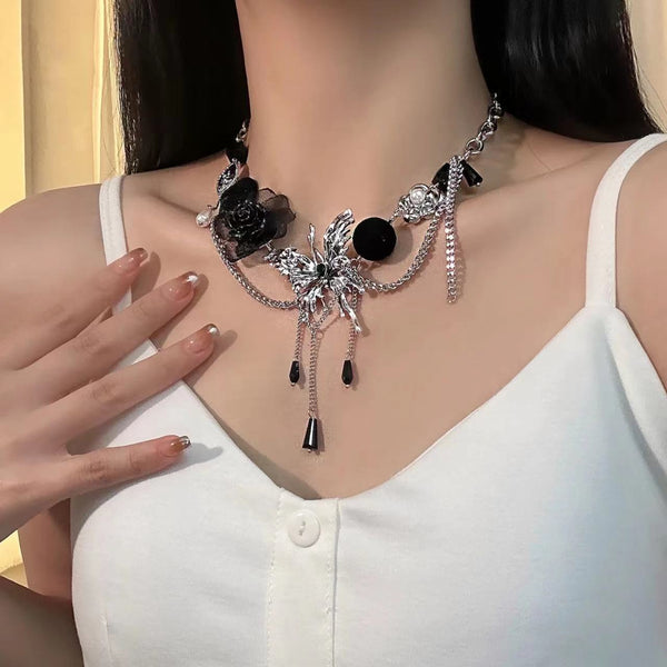 Black flower decor butterfly layered choker necklace