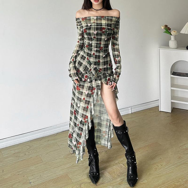 Long sleeve off shoulder flower print ruffle midi dress