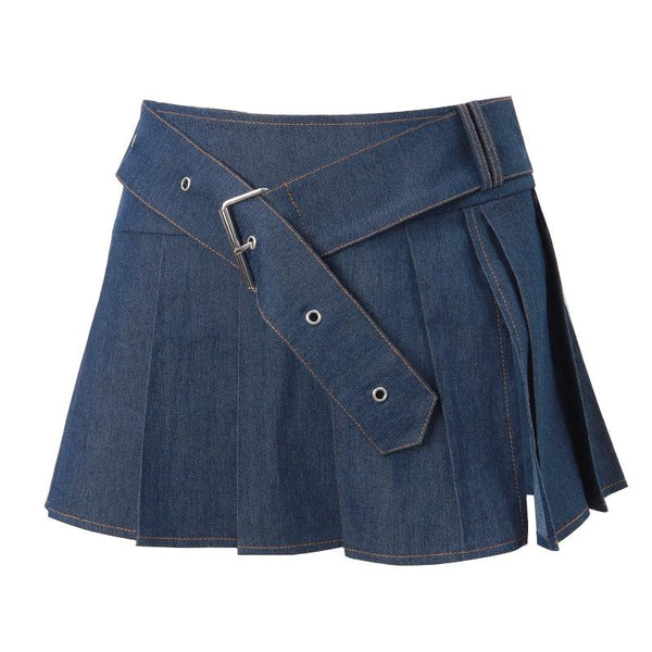 Pleated denim A line belt slit mini skirt