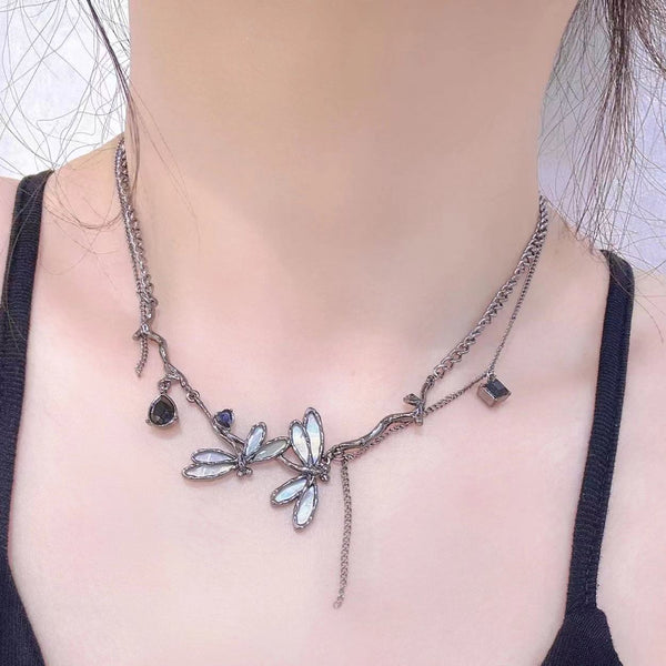 Dragonfly black rhinestone necklace