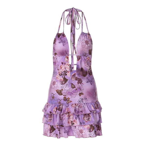 Deep v neck halter flower print ruffle mini dress