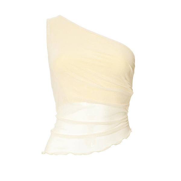 Sleeveless one shoulder ruched ruffle mesh top