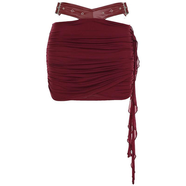 Ruched hollow out PU leather irregular mini skirt