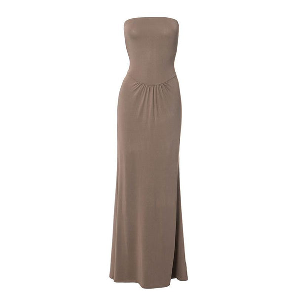 Ruched backless solid tube maxi dress