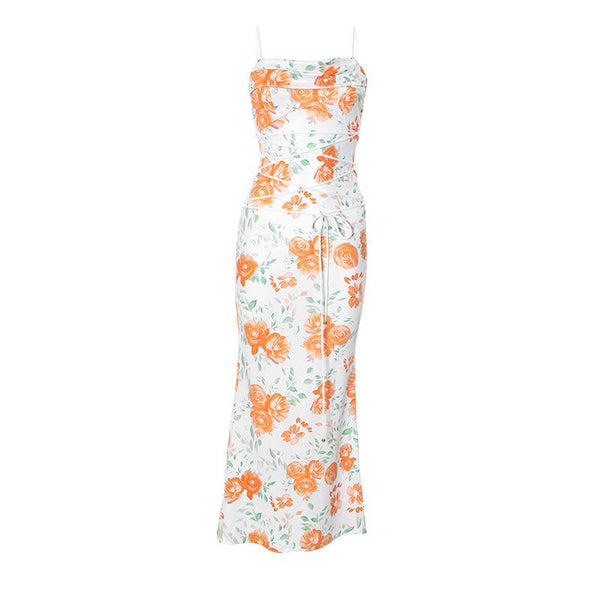 Self tie flower print backless spaghetti strap maxi dress