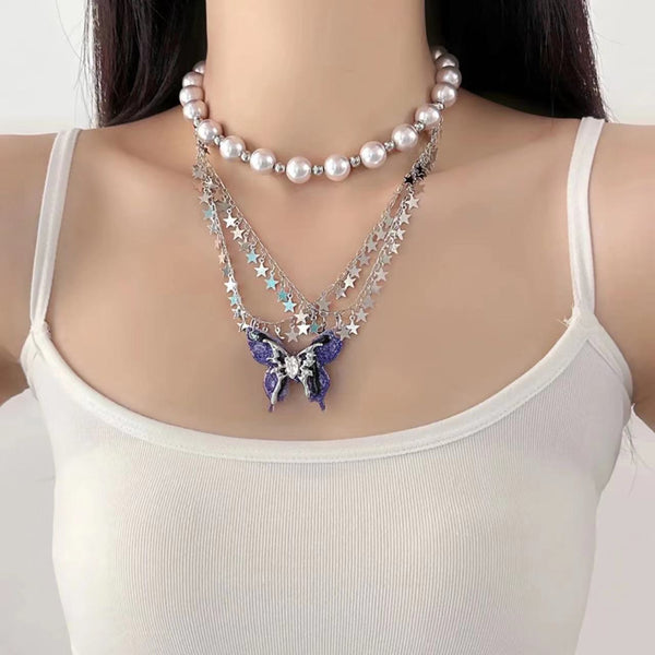 Butterfly star pattern faux pearl choker necklace