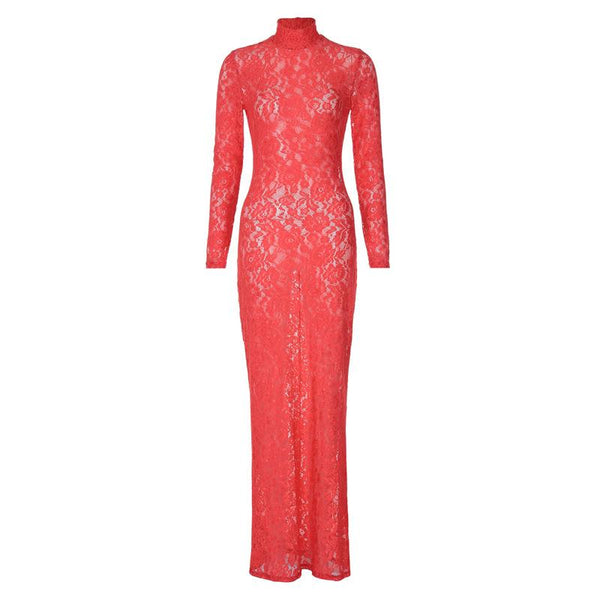 Long sleeve high neck see through lace maxi dress