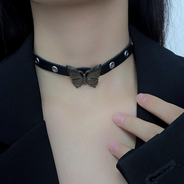Black PU leather butterfly choker necklace