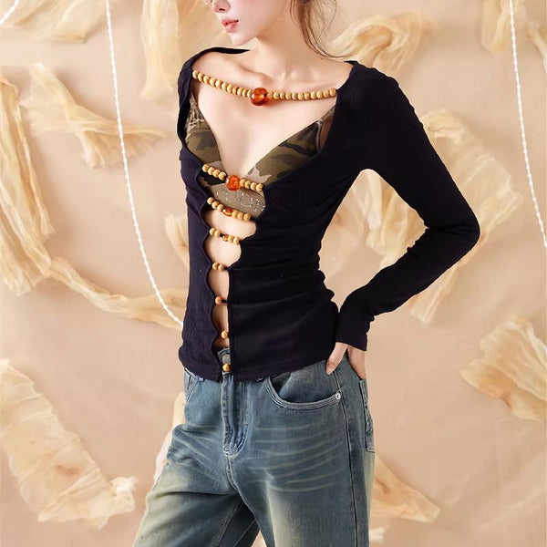 Long sleeve hollow out beaded v neck top