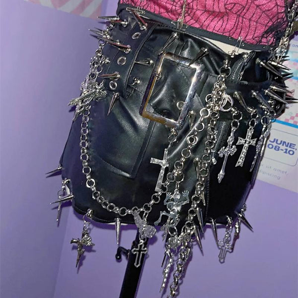 Metal chain PU leather rivet applique zip-up mini skirt