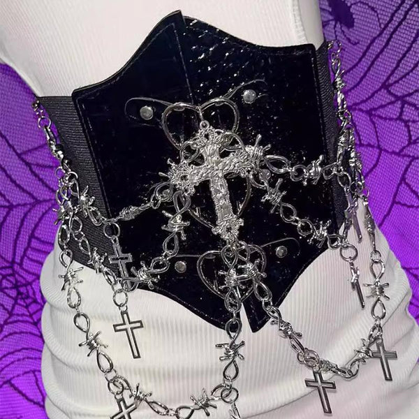 Metal chain cross applique PU leather corset