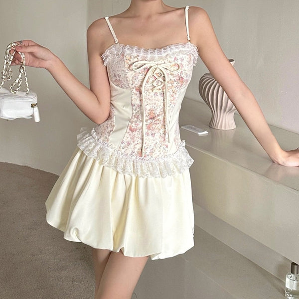 Lace hem ruffle flower print patchwork cami mini dress