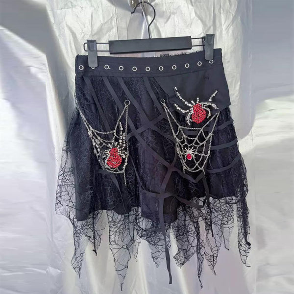 Spider web pattern metal chain mesh mini skirt