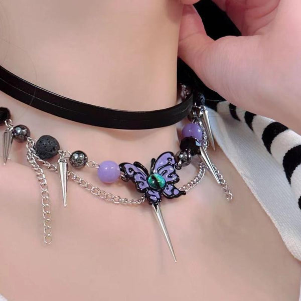Purple butterfly layered rivet adjustable choker necklace