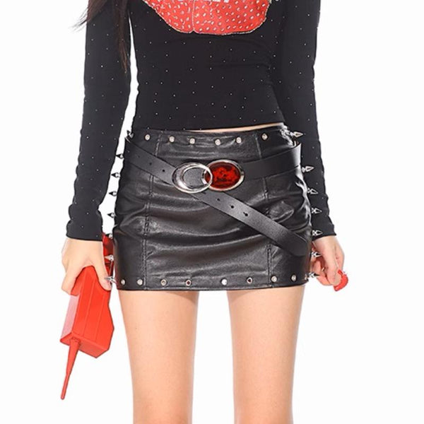 PU leather rivet applique hollow out solid mini skirt