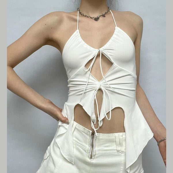 Hollow out ruched halter ruffled tie front top y2k 90s Revival Techno Fashion
