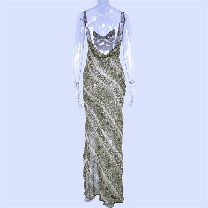 Cowl neck open back snake print slit sheer maxi dress - Halibuy