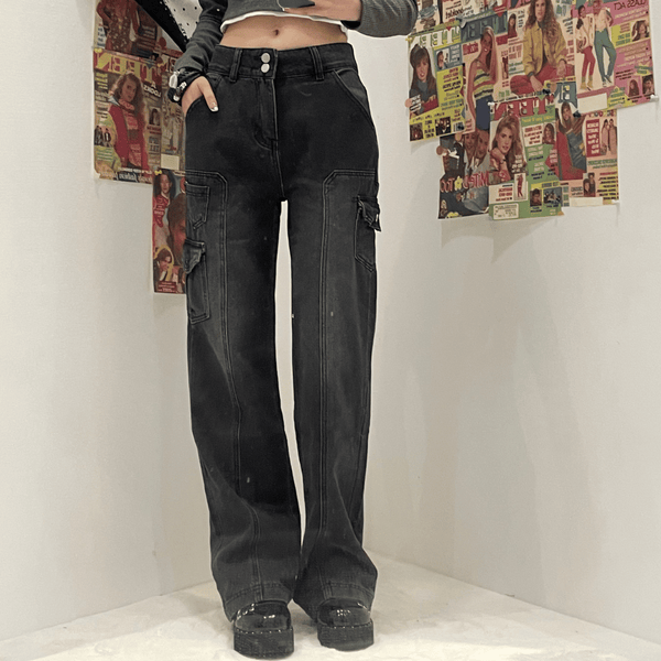 High rise straight leg button gradient pocket jeans y2k 90s Revival Techno Fashion