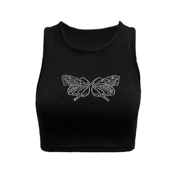 Beaded butterfly pattern ribbed solid sleeveless crop top y2k 90s Revival Techno Fashion