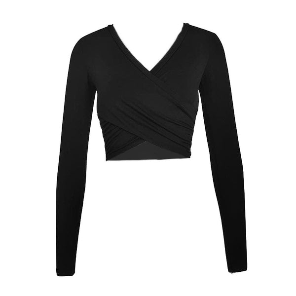 Cross front ruched solid v neck long sleeve crop top y2k 90s Revival Techno Fashion