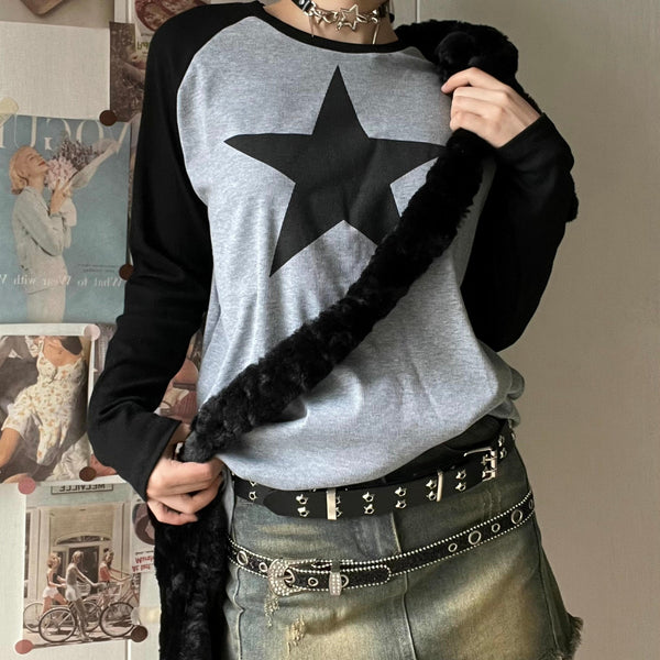 Contrast long sleeve round neck star pattern top grunge 90s Streetwear Disheveled Chic Fashion grunge 90s Streetwear Distressed Fashion