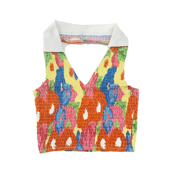 Textured contrast flower print turnover collar sleeveless crop top y2k 90s Revival Techno Fashion