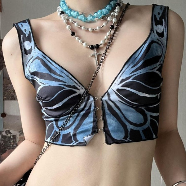 V neck butterfly print buttoned crop top y2k 90s Revival Techno Fashion