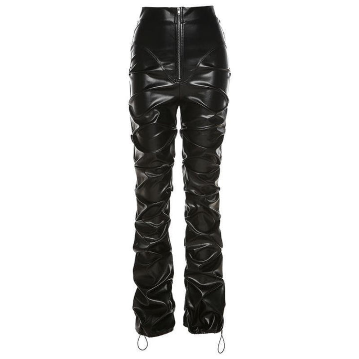 Zip-up ruched PU leather pant - Halibuy