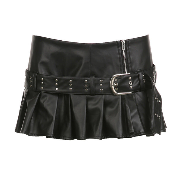Buckle zip-up pleated low rise PU leather mini skirt