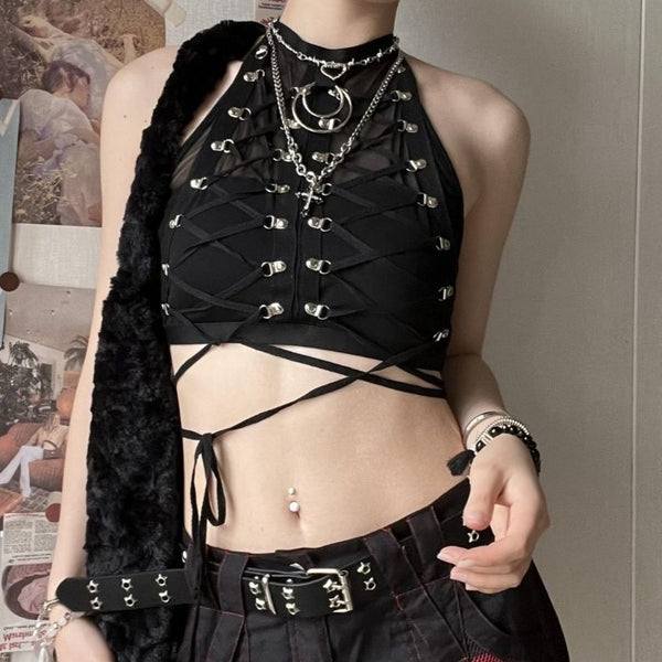 Malla transparente con cordones y espalda abierta, anillo de metal con espalda abierta, top goth Alternative Darkwave Fashion goth Emo Darkwave Fashion 
