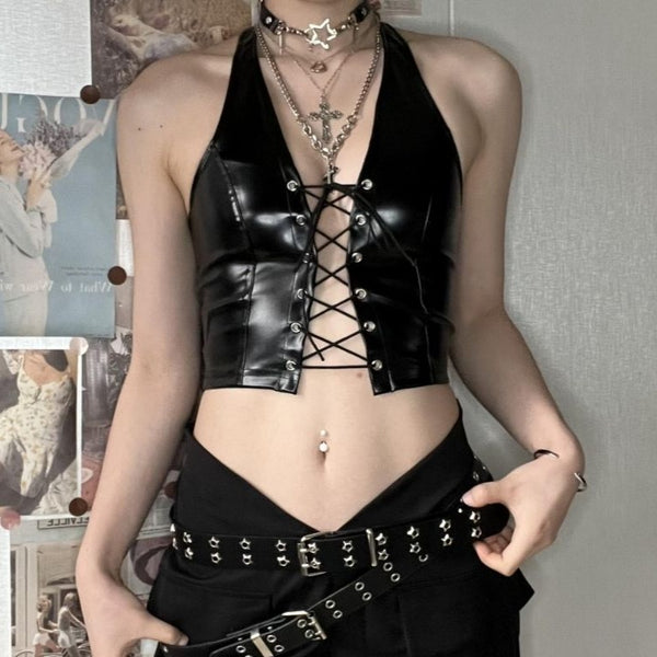 Lace up front halter backless PU top goth Alternative Darkwave Fashion goth Emo Darkwave Fashion