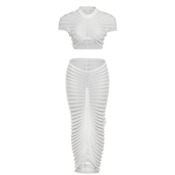 Ruched textured see through short sleeve maxi skirt set