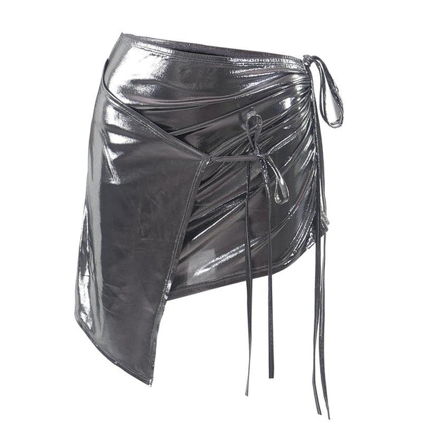 Drawstring metallic self tie irregular low rise mini skirt y2k 90s Revival Techno Fashion