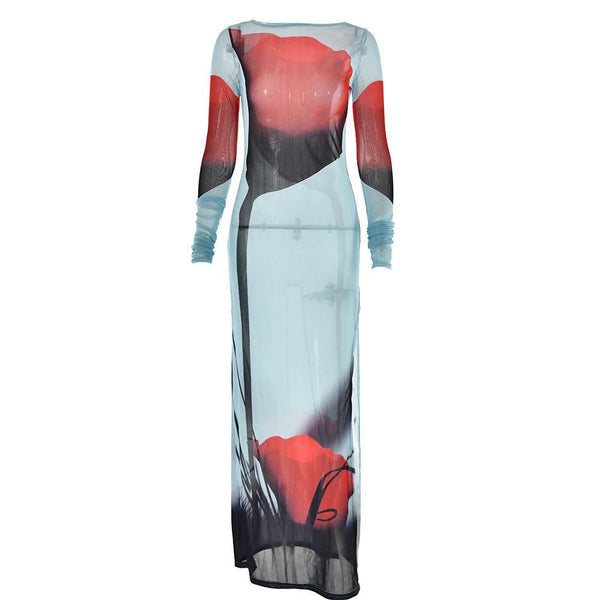 透け感のあるメッシュの抽象的なコントラストの長袖スリットマキシドレスサイバーパンクSFファッション