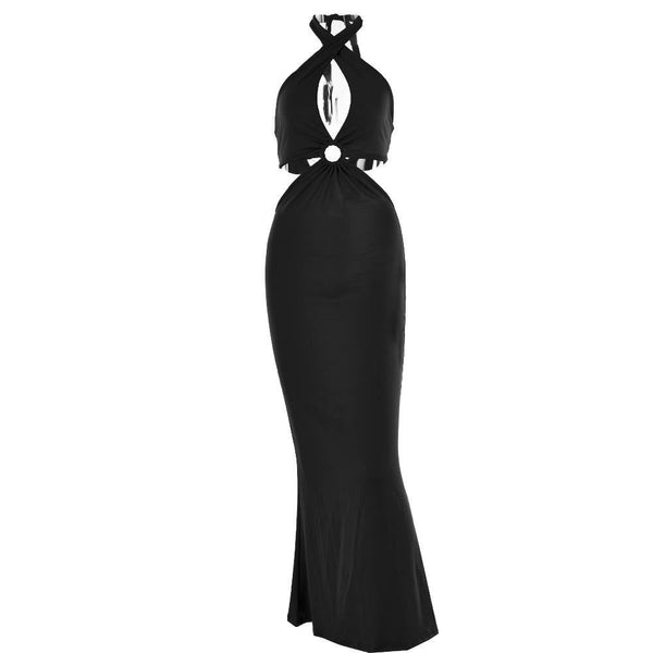 Cross front solid halter o ring backless self tie maxi dress