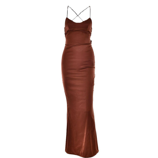 Satin solid lace up cross back v neck low cut maxi dress