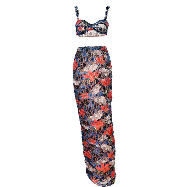 Flower print ruffle contrast ruched lace maxi skirt set