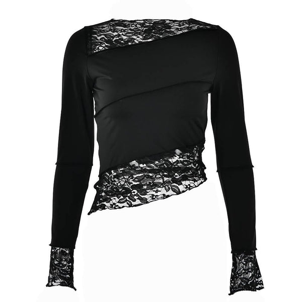 Lace patchwork irregular stitch long sleeve top