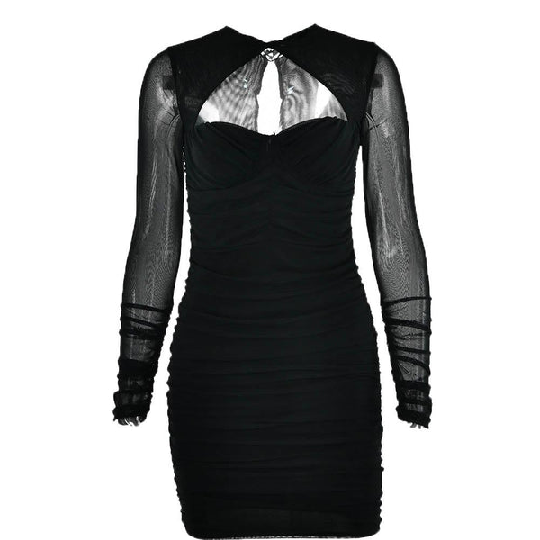 Hollow out ruched mesh long sleeve zip-up button mini dress