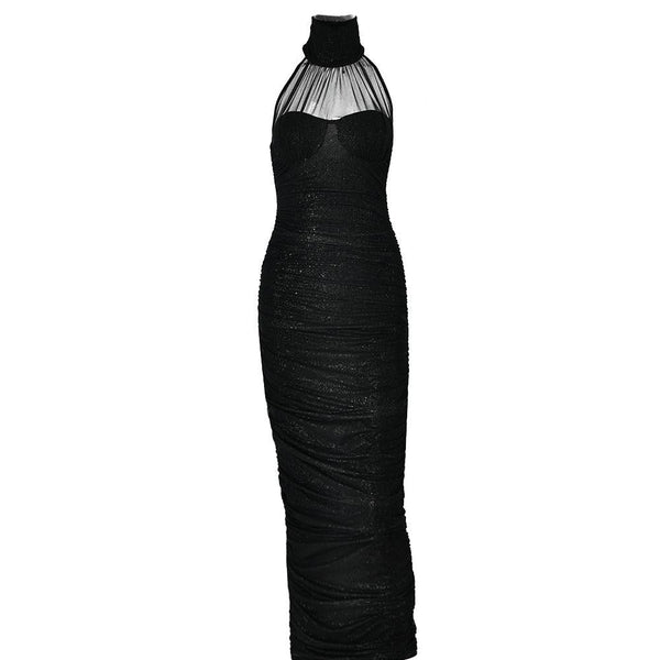 High neck ruched glitter zip-up slit backless maxi dress