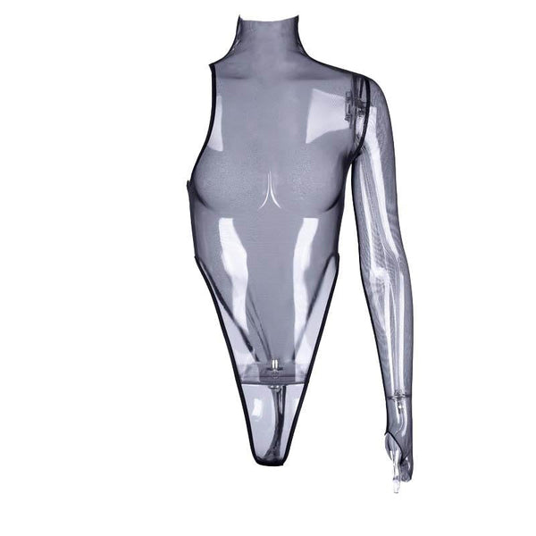Sheer mesh see through one shoulder irregular gloves bodysuit y2k 90s Revival Techno Fashion