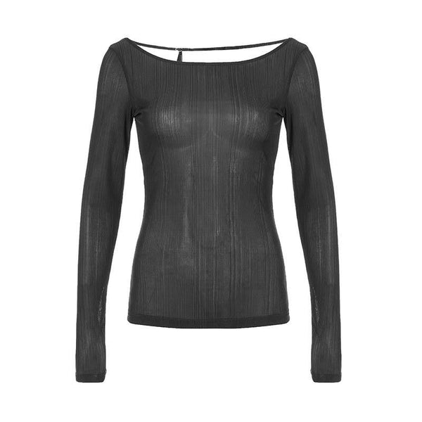 Round neck hollow out backless long sleeve solid top